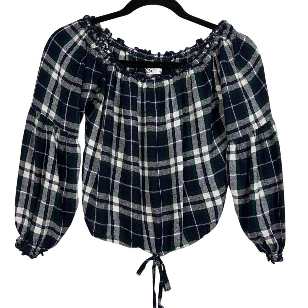 Hollister Plaid Off The Shoulder Crop Top Puff Sleeve Blouse Navy White S